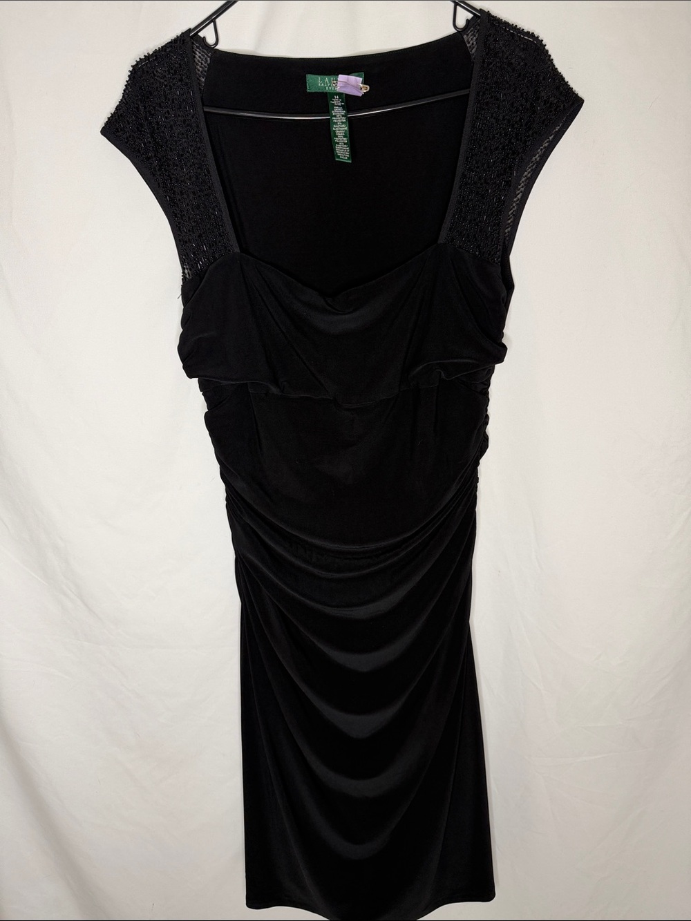 Lauren Ralph Lauren Black Elegant Ruched Cap-Sleeve Dress